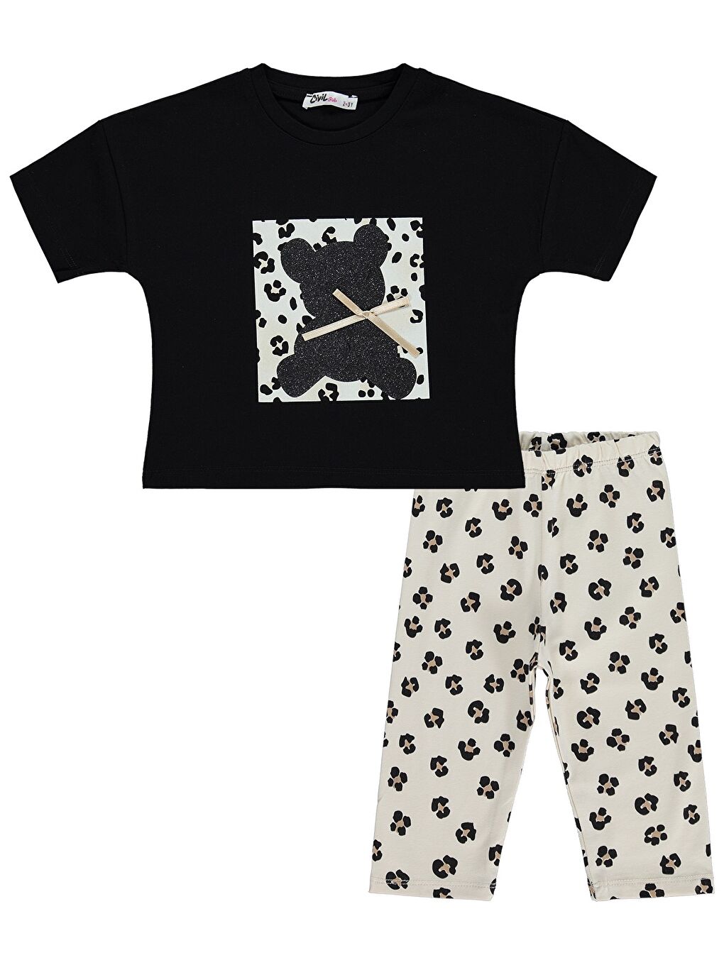 Girls Leopar Ayıcık Desenli 2-5 Yaş Takım - Siyah-2