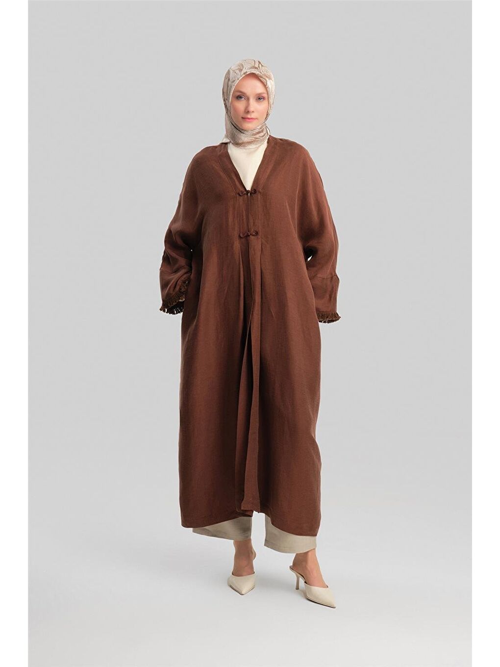 Kahverengi Kupra Keten Abaya 24Y5510 Acı Kahve