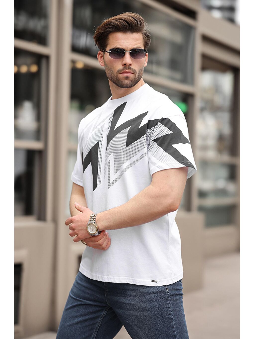 Beyaz Baskılı %100 Pamuk Erkek T-Shirt-1