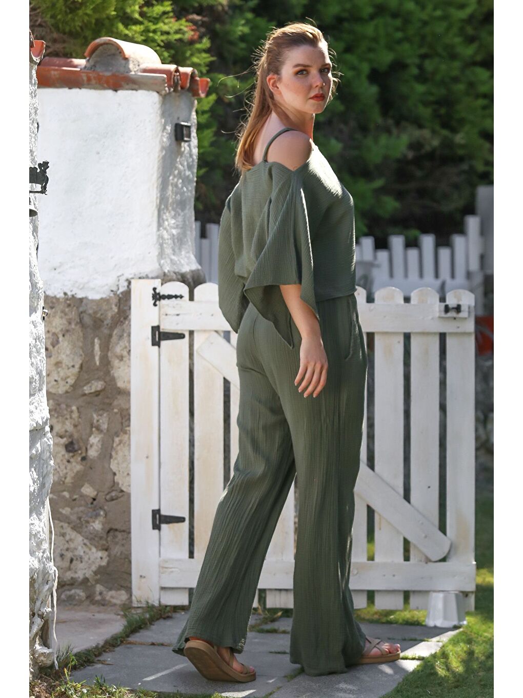 Haki Carmen Yaka Mendil Kol Cepli Yıkamalı Lastikli Bel Müslin Dokuma Takım 52-108 65-65-7