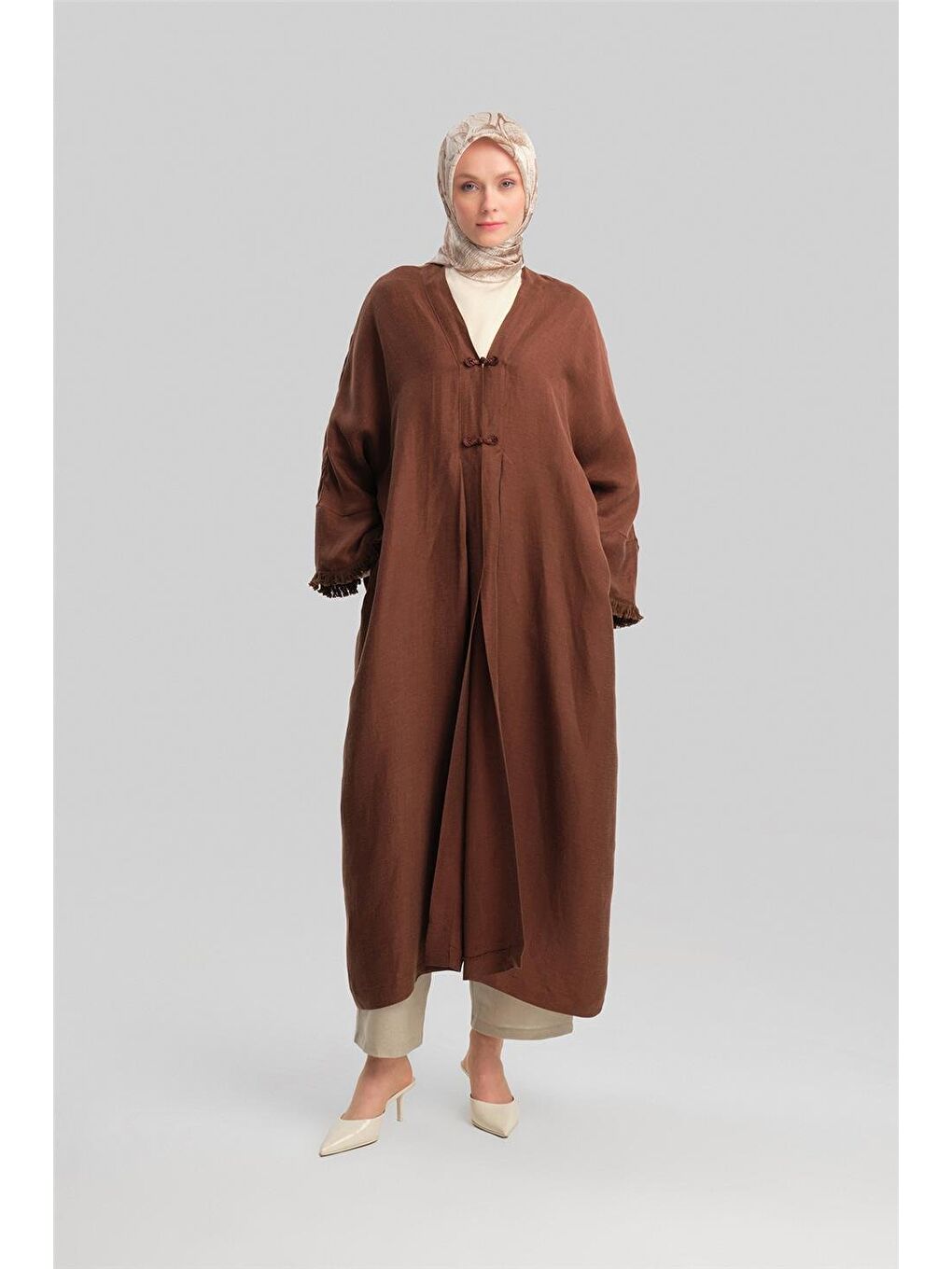 Kahverengi Kupra Keten Abaya 24Y5510 Acı Kahve-1