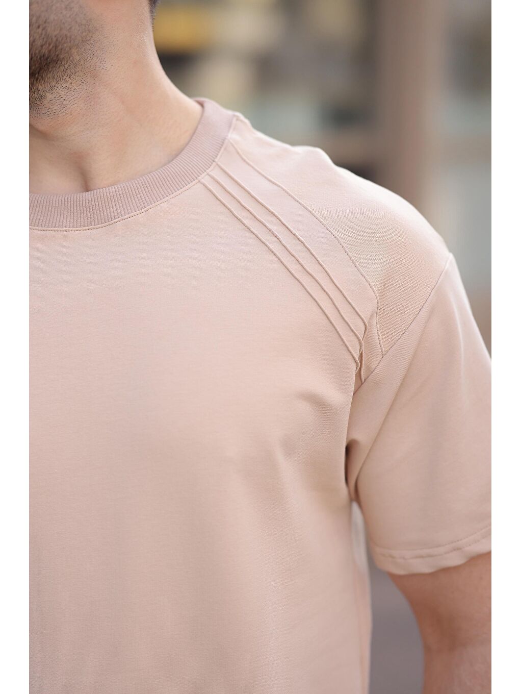 Bej Bisiklet Yaka Basic Erkek T-Shirt E7138-3