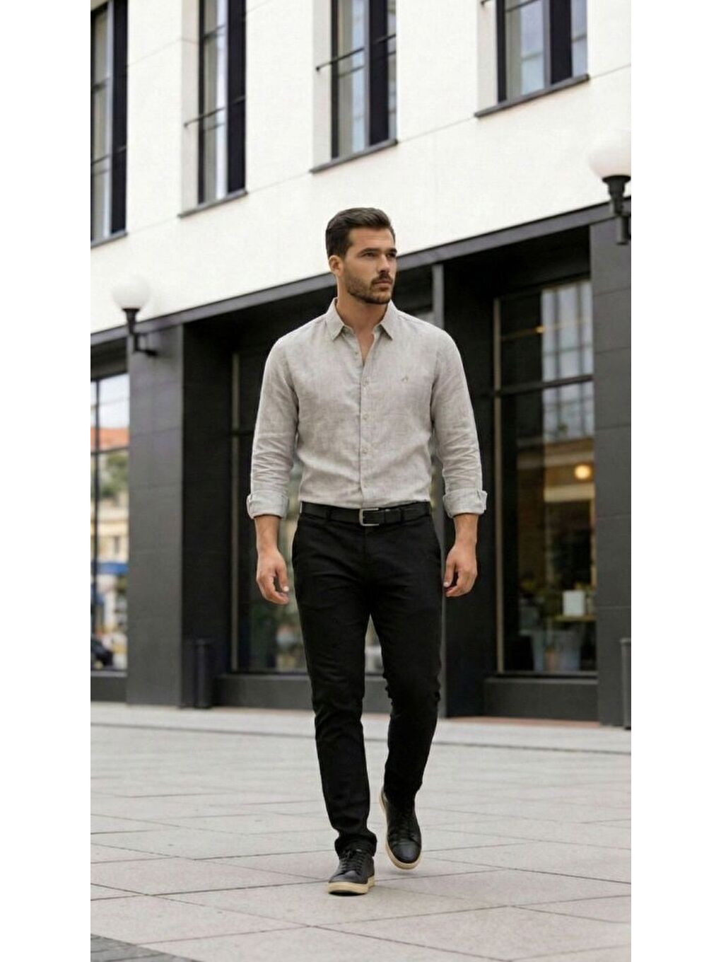 Bej Erkek Uzun Kollu Keten Gömlek-1