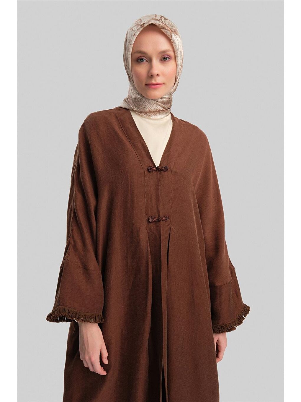 Kahverengi Kupra Keten Abaya 24Y5510 Acı Kahve-3