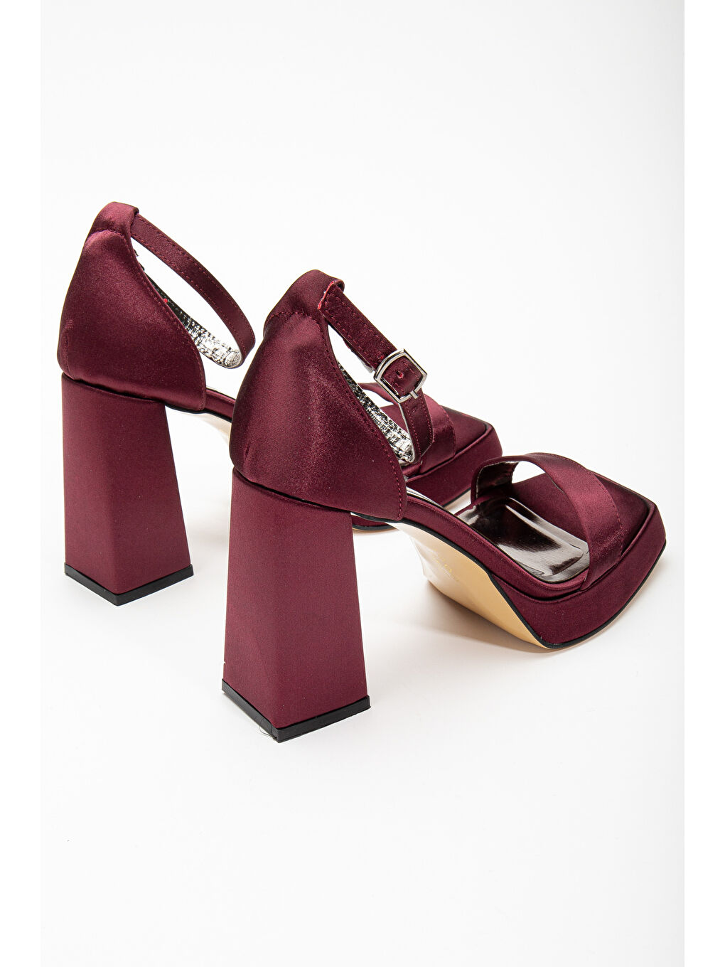 Kadın Bordo Saten Bilekten Bağlamalı Tek Bantlı Saten Platform Topuklu Ayakkabı-3