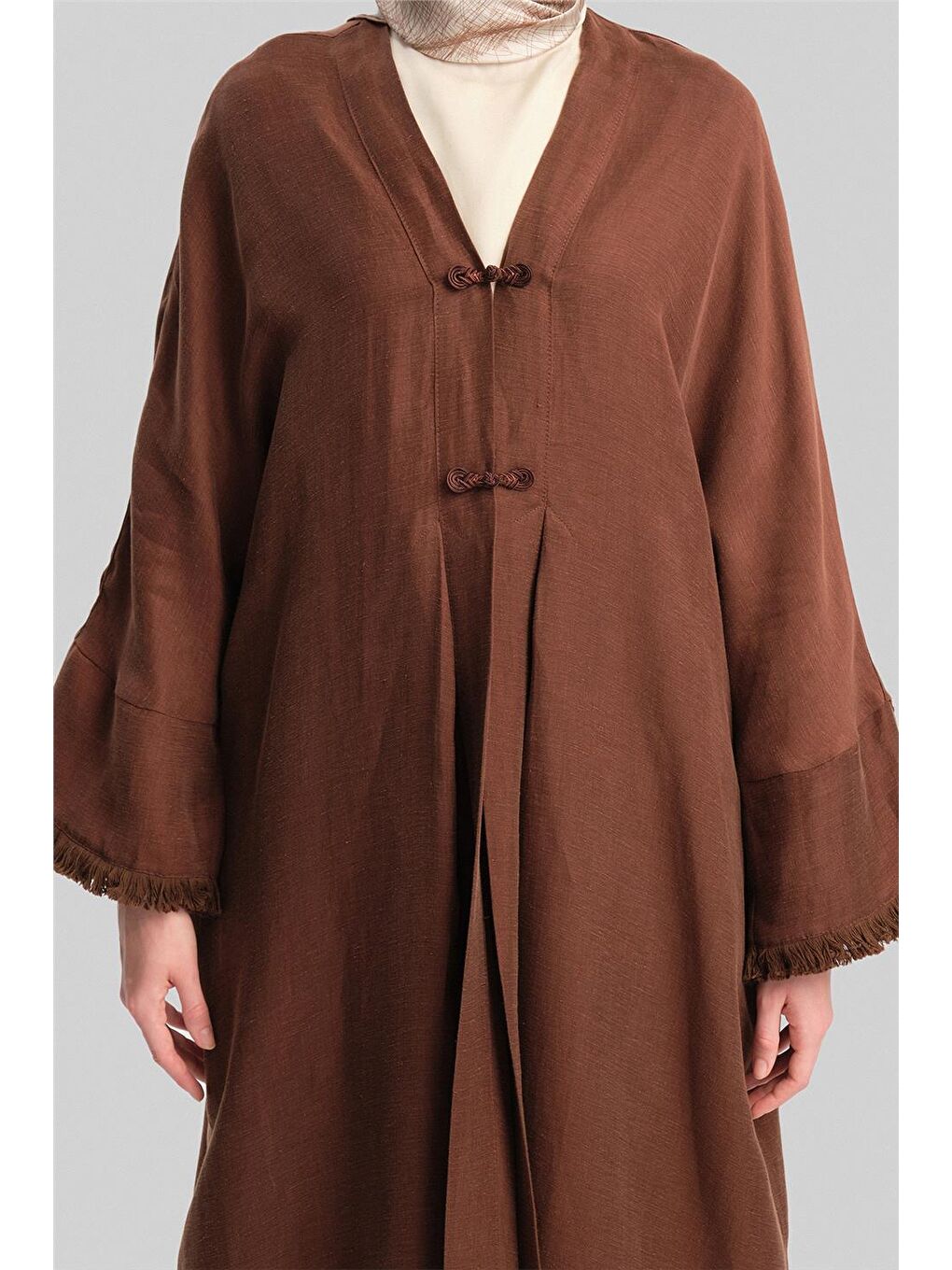 Kahverengi Kupra Keten Abaya 24Y5510 Acı Kahve-4