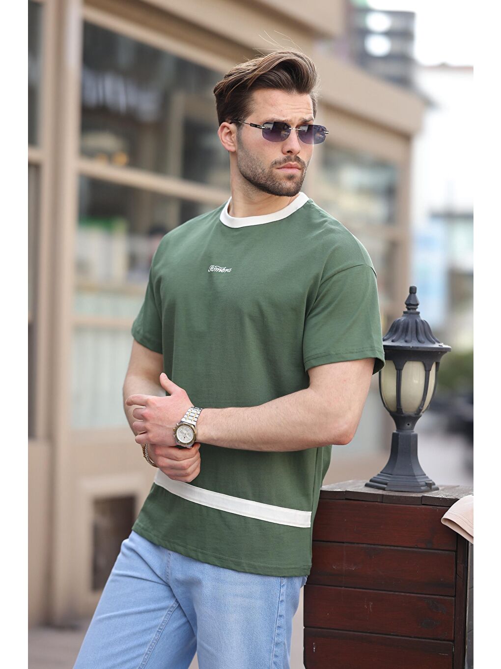 Haki Baskılı %100 Pamuklu Erkek T-Shirt E7135-1