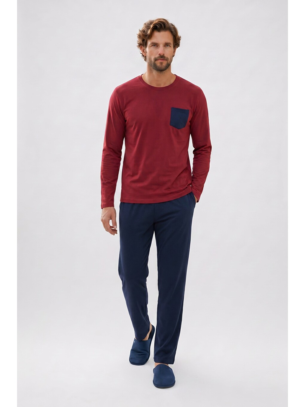 Erkek Standart Fit Uzun Kollu Pamuklu Bordo Lacivert Pijama Takımı