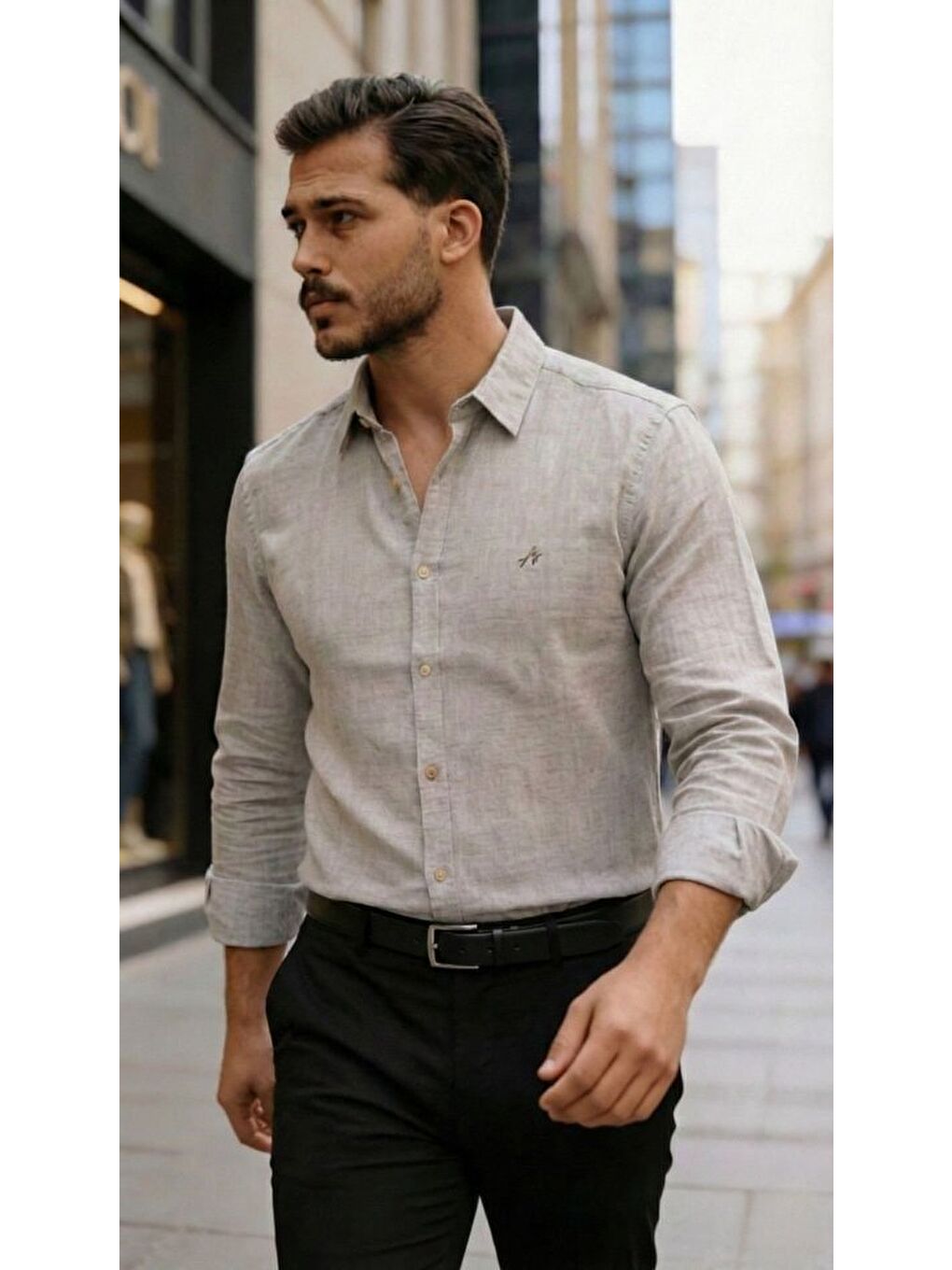 Bej Erkek Uzun Kollu Keten Gömlek-2