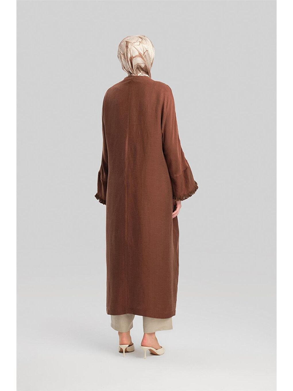 Kahverengi Kupra Keten Abaya 24Y5510 Acı Kahve-5