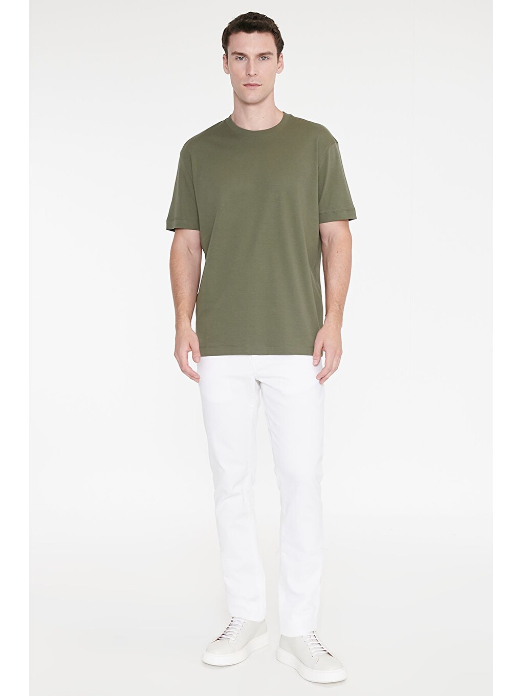 Erkek Haki %100 Pamuk Modern Fit Normal Kesim Bisiklet Yaka Tişört-1