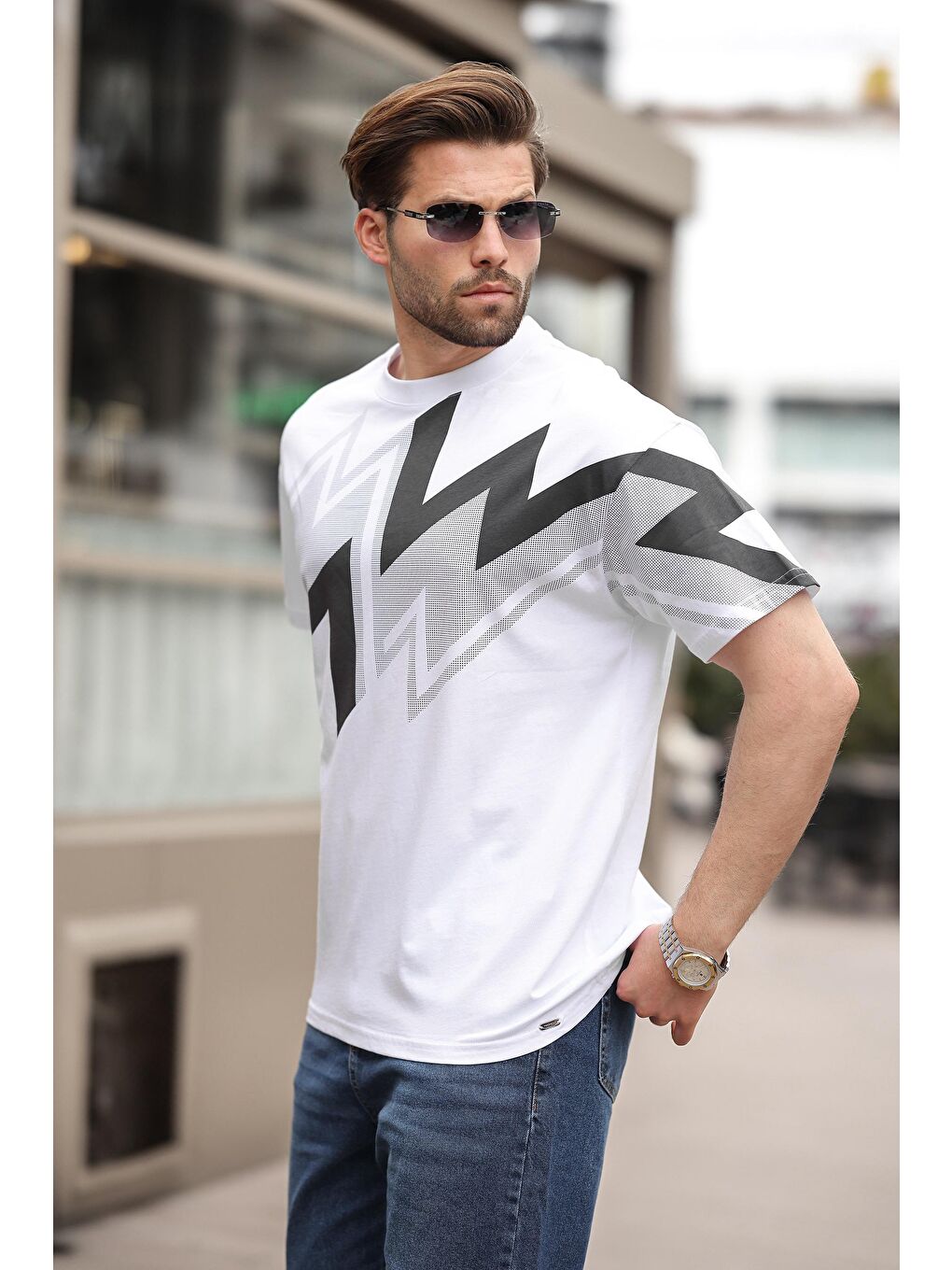 Beyaz Baskılı %100 Pamuk Erkek T-Shirt-2