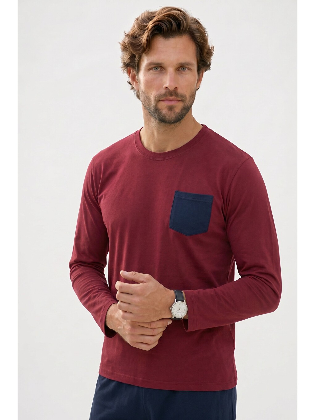 Erkek Standart Fit Uzun Kollu Pamuklu Bordo Lacivert Pijama Takımı-1