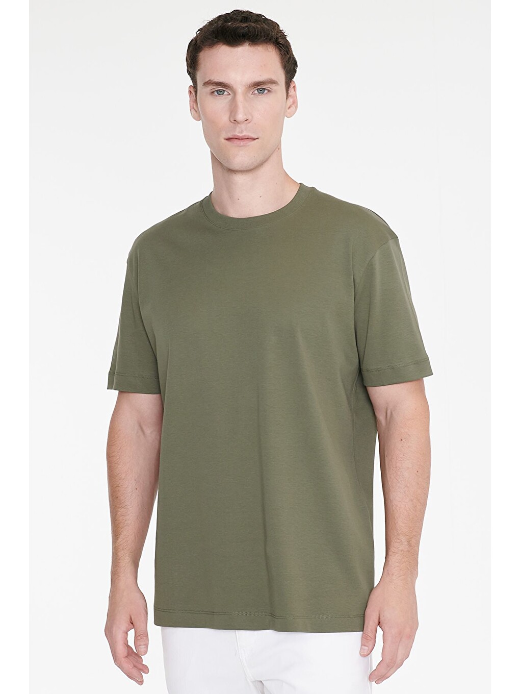 Erkek Haki %100 Pamuk Modern Fit Normal Kesim Bisiklet Yaka Tişört-2