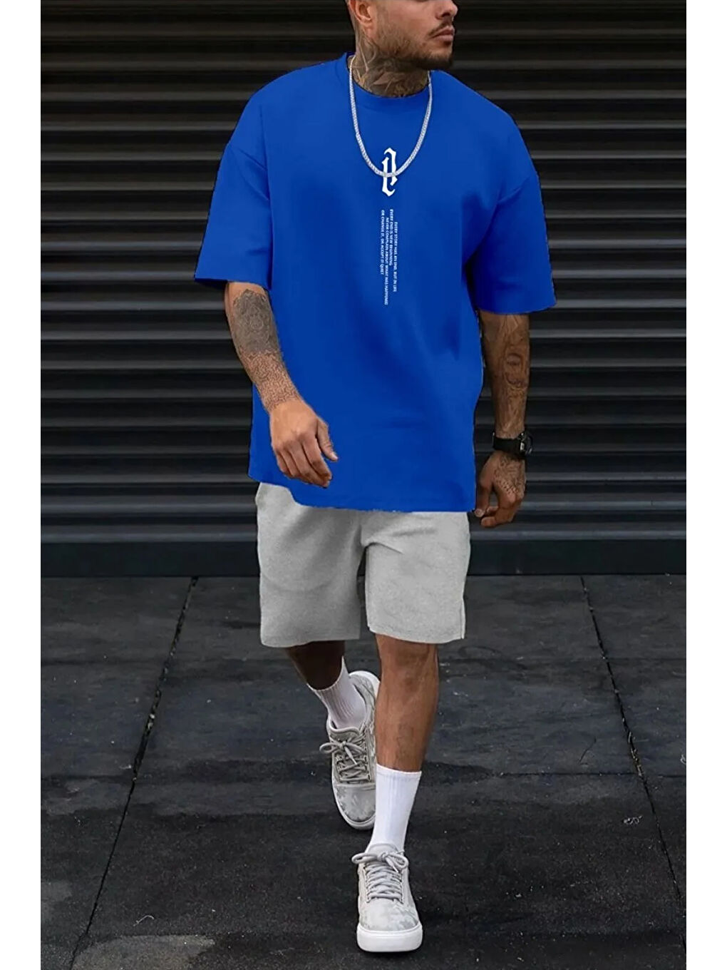 Mavi Aleman Rapero Baskı Şort Takım