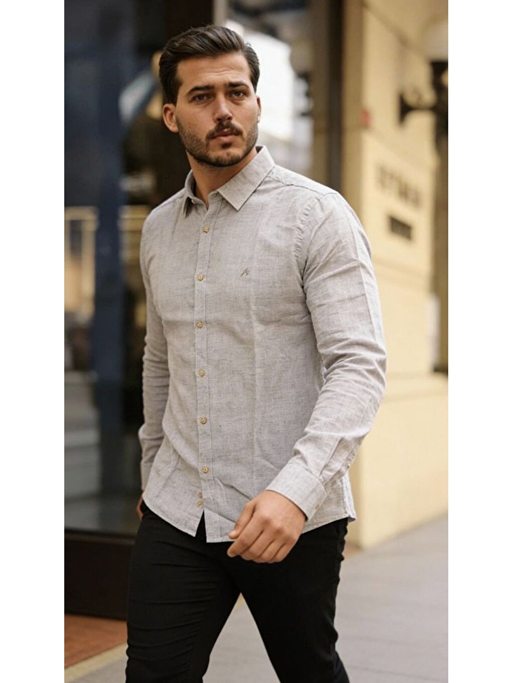 Bej Erkek Uzun Kollu Keten Gömlek-3