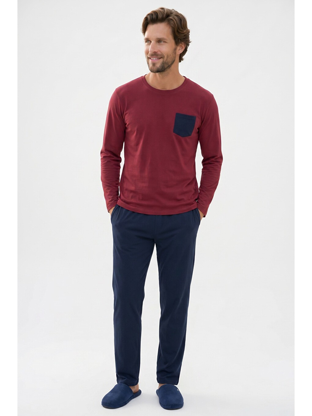 Erkek Standart Fit Uzun Kollu Pamuklu Bordo Lacivert Pijama Takımı-2