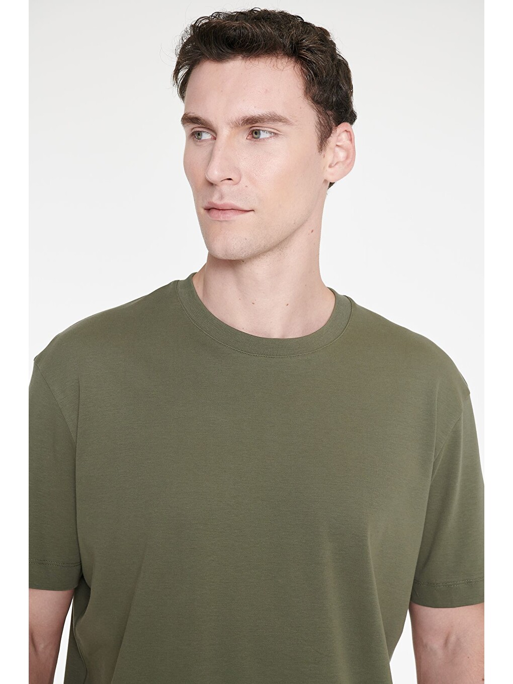 Erkek Haki %100 Pamuk Modern Fit Normal Kesim Bisiklet Yaka Tişört-3