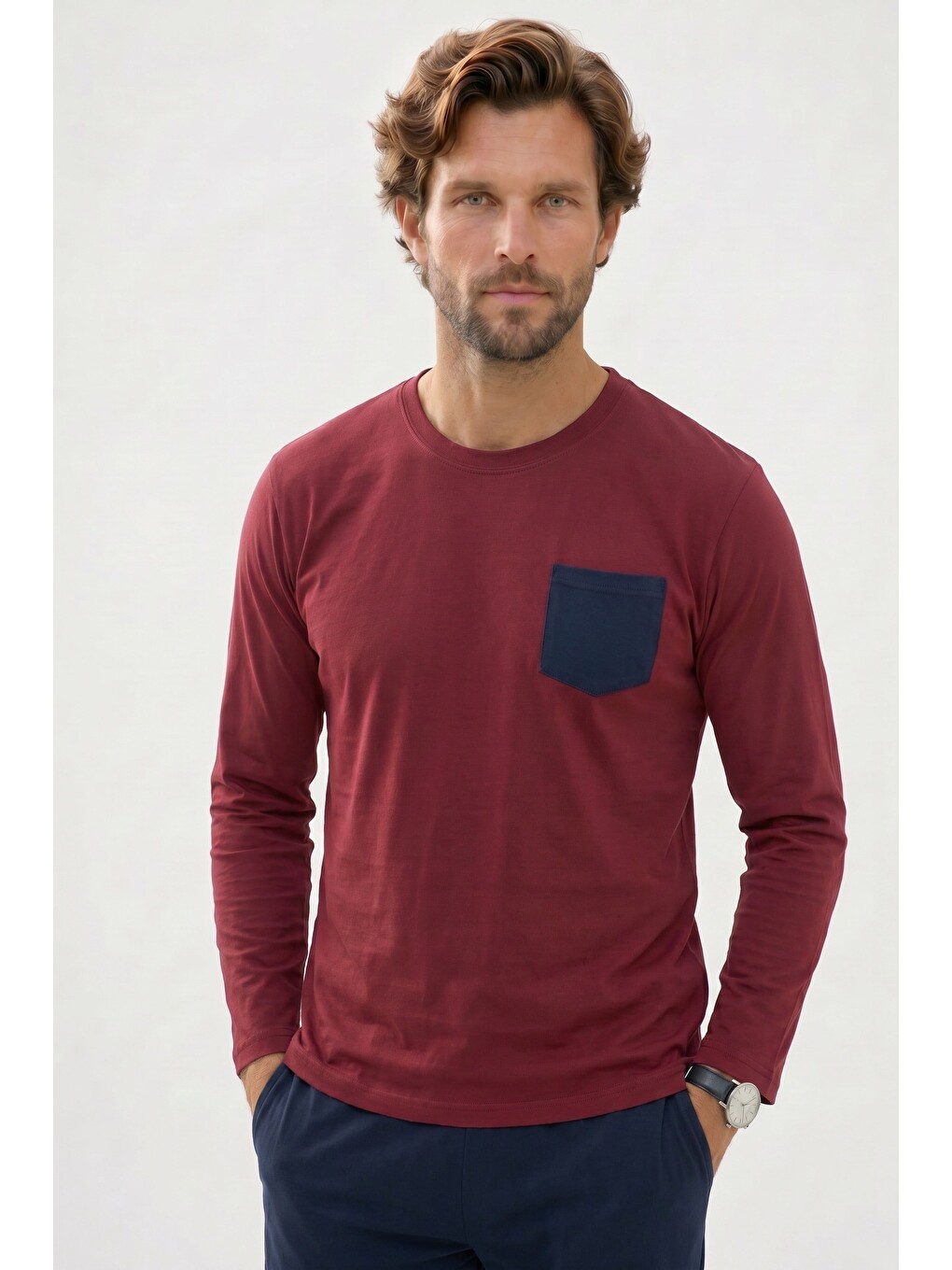 Erkek Standart Fit Uzun Kollu Pamuklu Bordo Lacivert Pijama Takımı-3