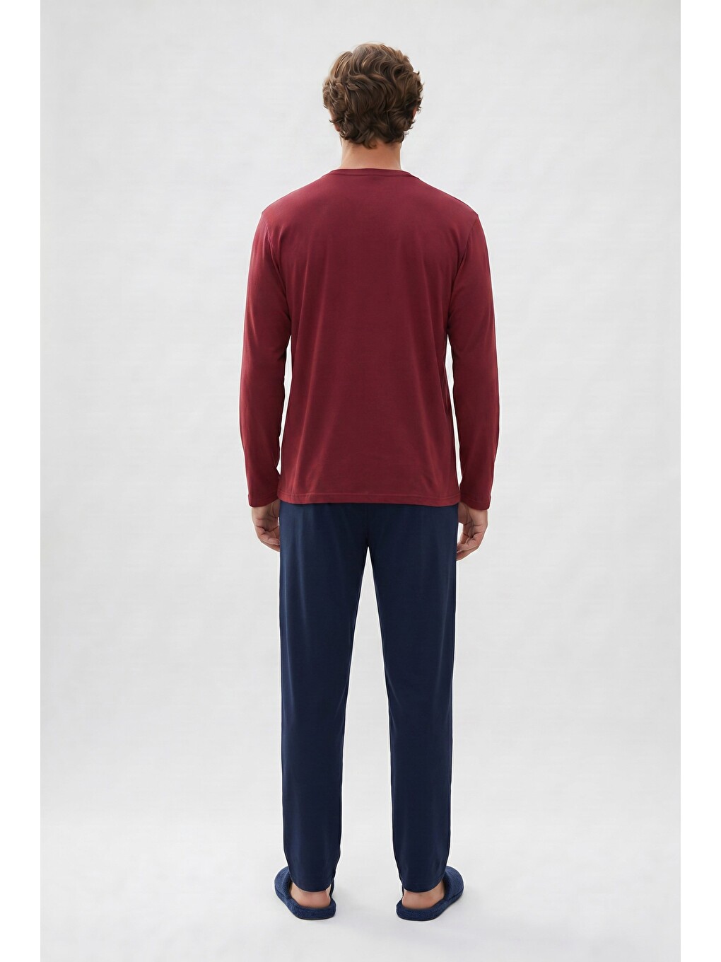 Erkek Standart Fit Uzun Kollu Pamuklu Bordo Lacivert Pijama Takımı-4