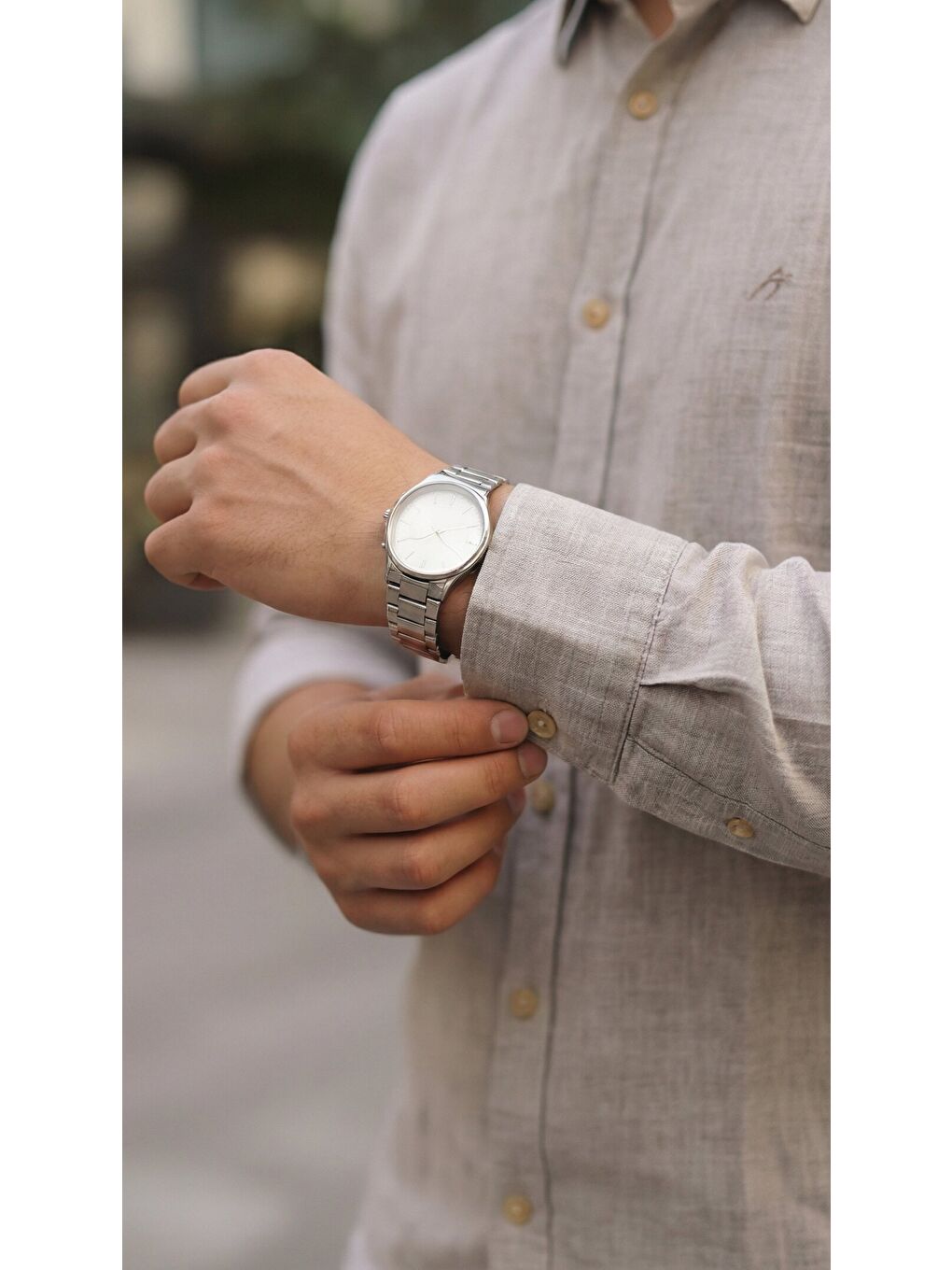 Bej Erkek Uzun Kollu Keten Gömlek-4