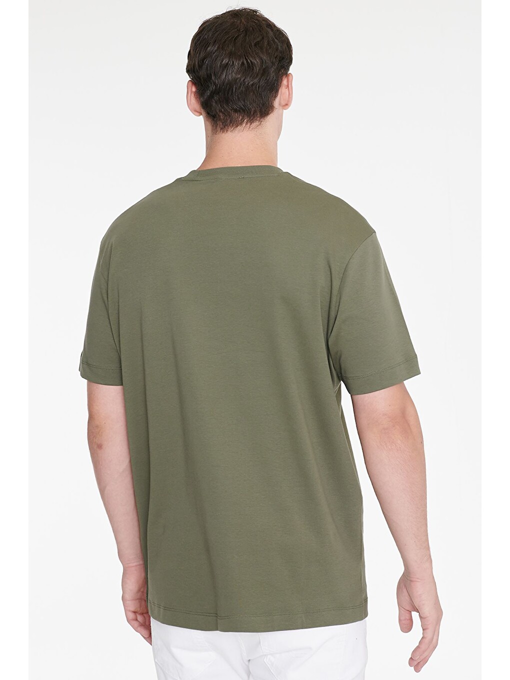 Erkek Haki %100 Pamuk Modern Fit Normal Kesim Bisiklet Yaka Tişört-4