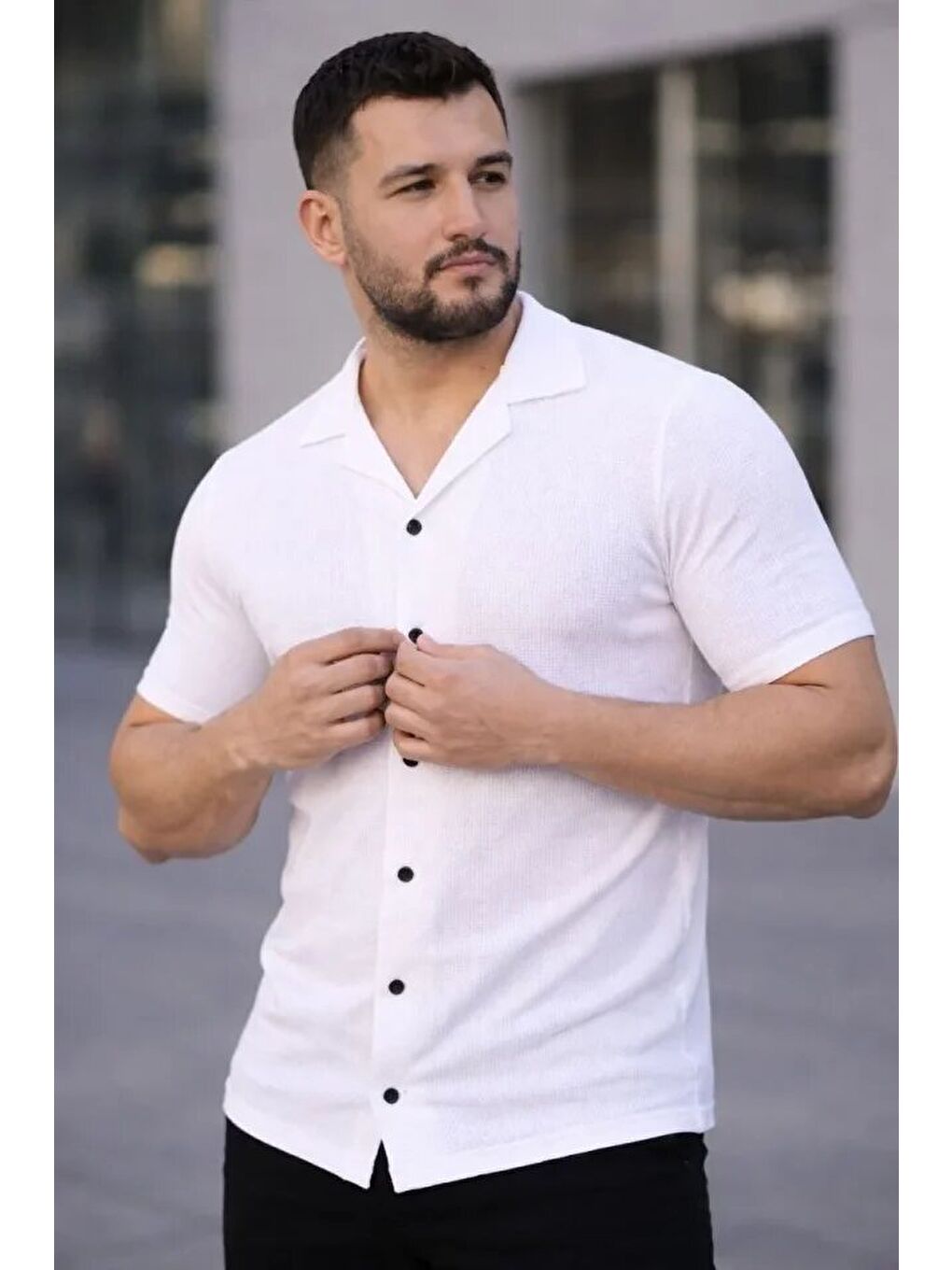 Erkek Waffle Kumaş Kısa Kollu Düğmeli Açık Yaka Regular Fit Gömlek - Beyaz-2