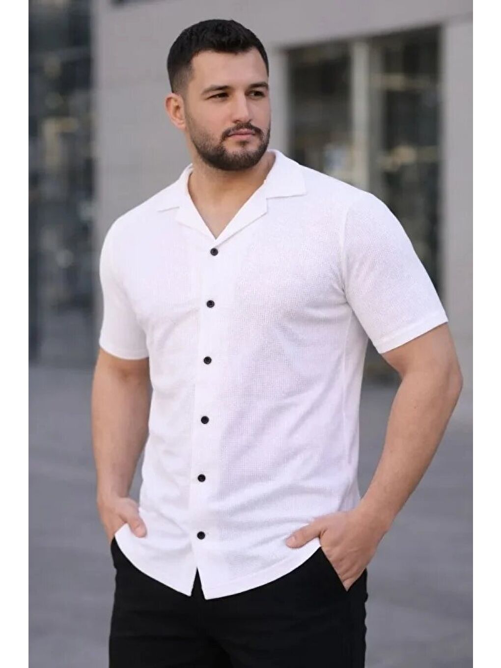 Erkek Waffle Kumaş Kısa Kollu Düğmeli Açık Yaka Regular Fit Gömlek - Beyaz-3