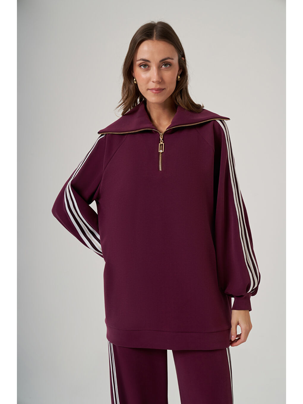 Şerit Detay Tunik Pantolon Takım 1093 Mürdüm-1