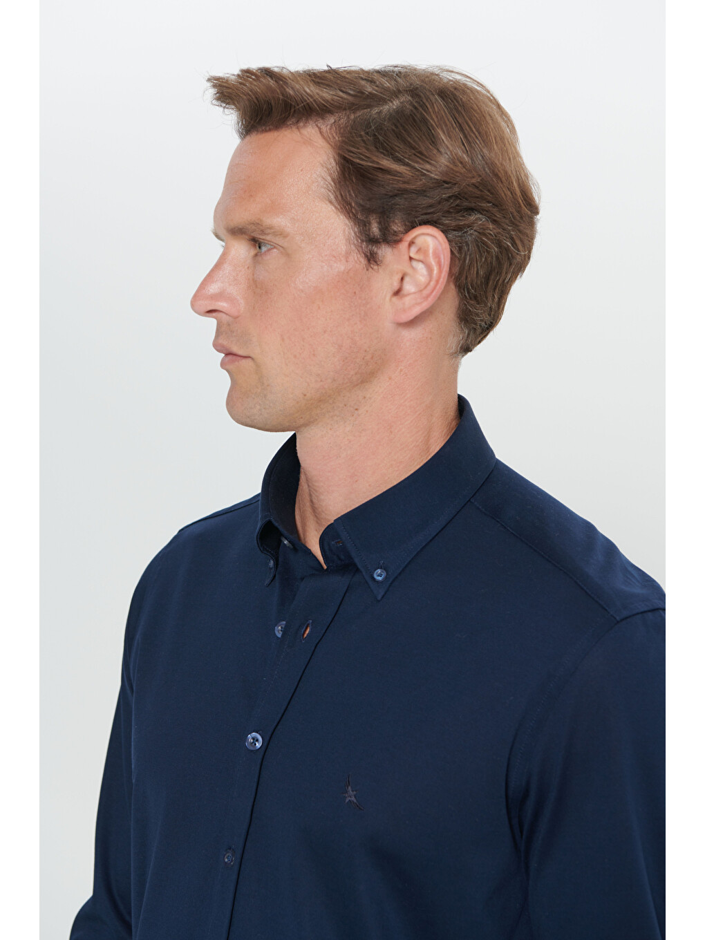 Erkek Lacivert Slim Fit Dar Kesim Düğmeli Yaka Gömlek-4