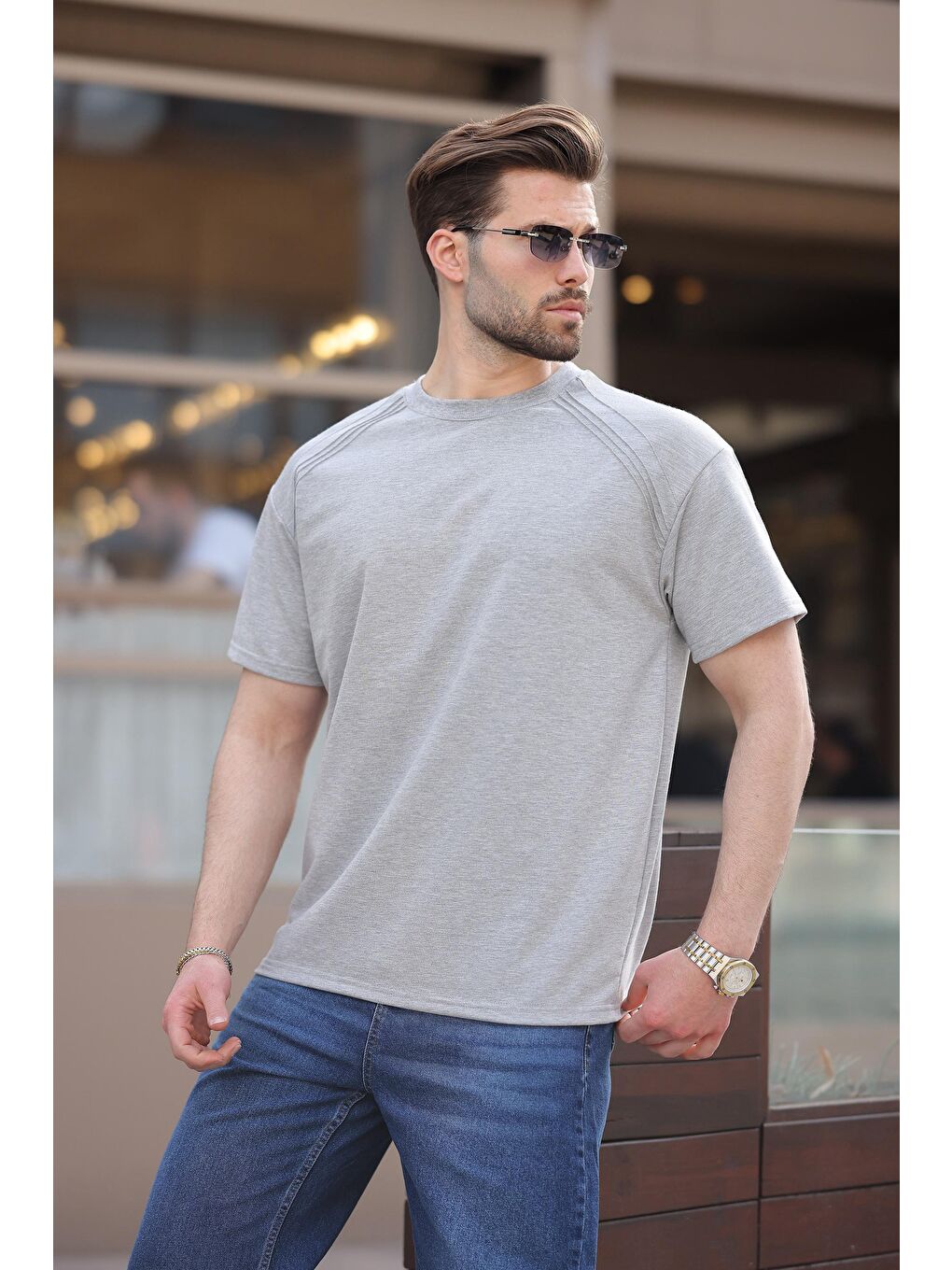 Gri Bisiklet Yaka Basic Erkek Tişört E7138-1