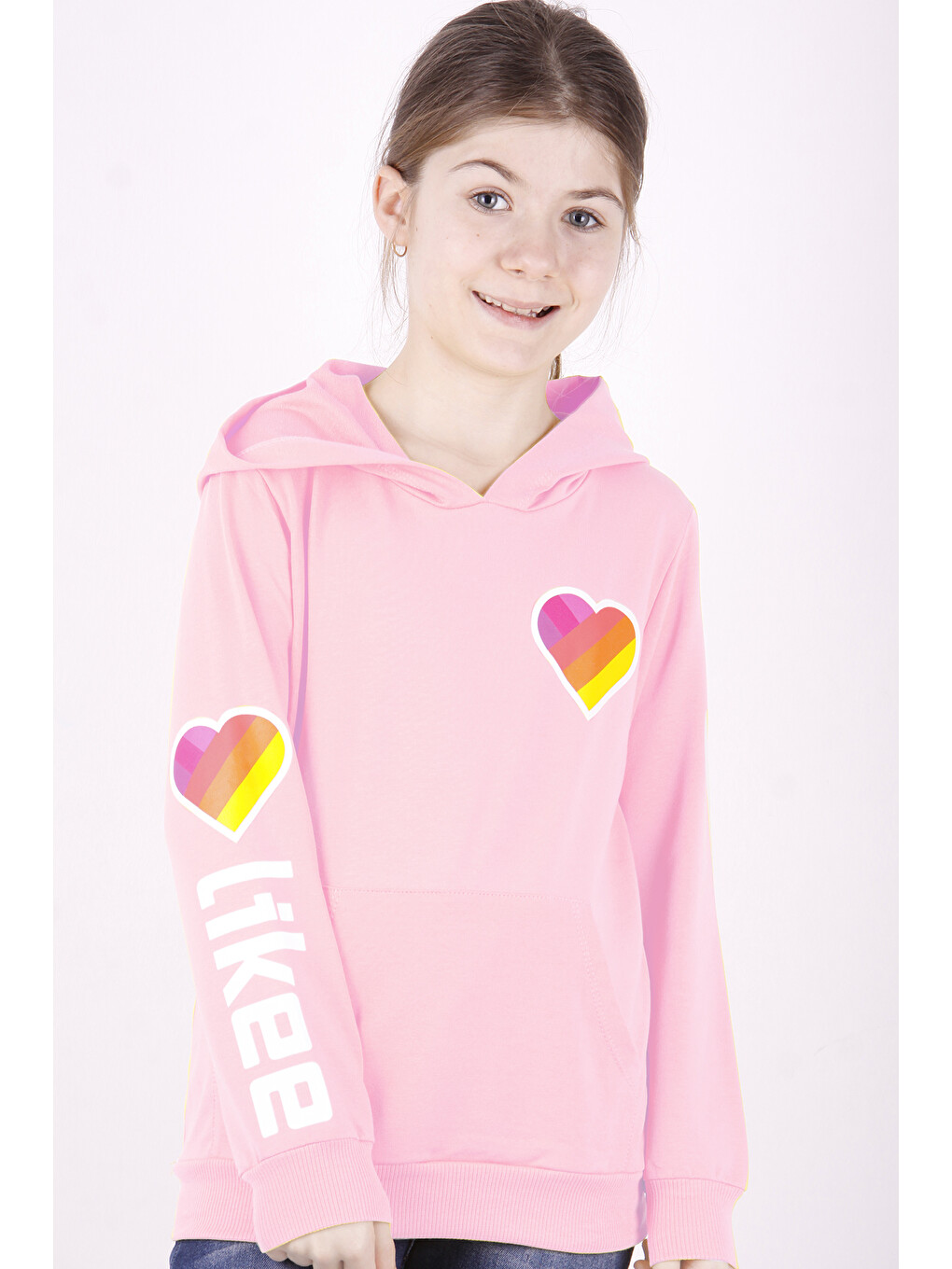 Pembe Kız Çocuk Like Kalp Baskılı Kanguru Cepli Sweatshirt