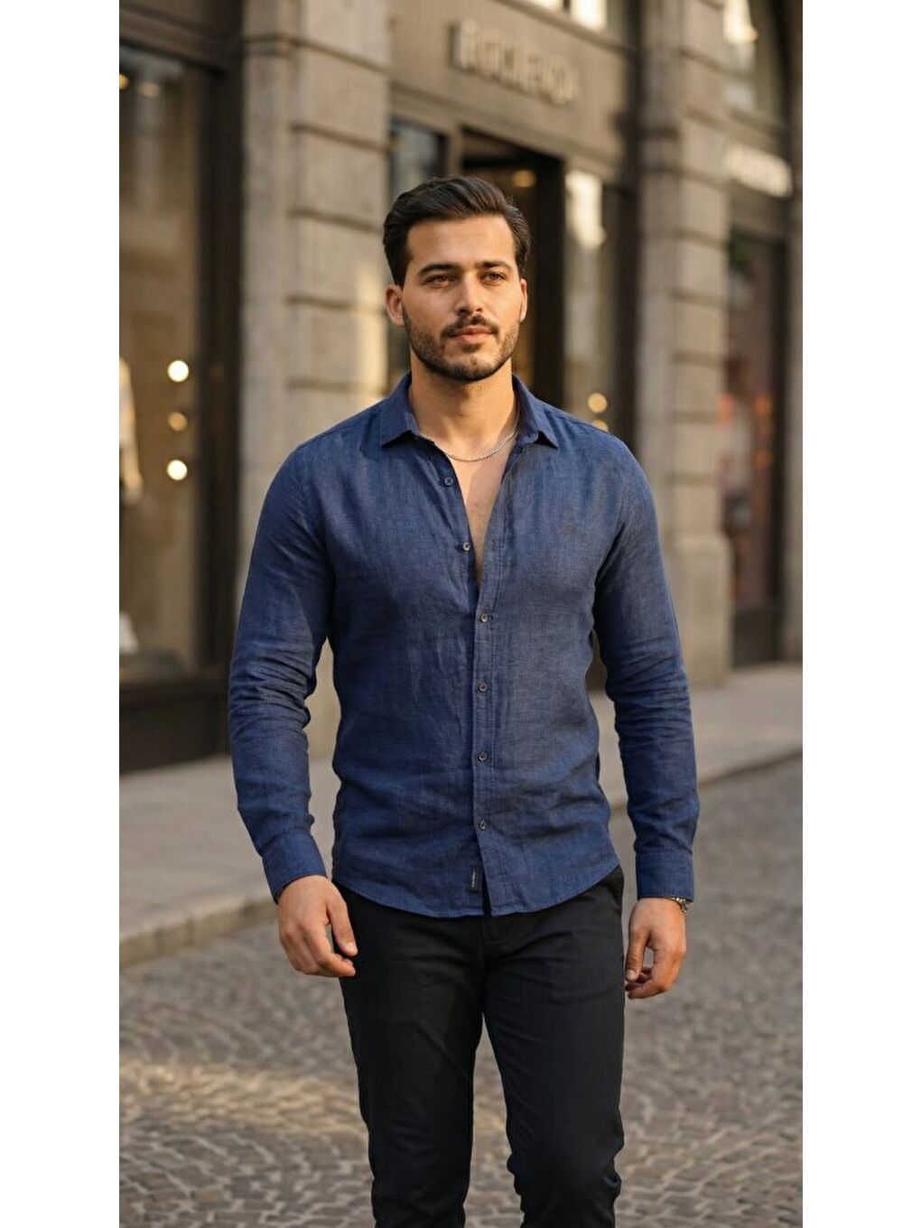 Lacivert Erkek Uzun Kollu Keten Gömlek