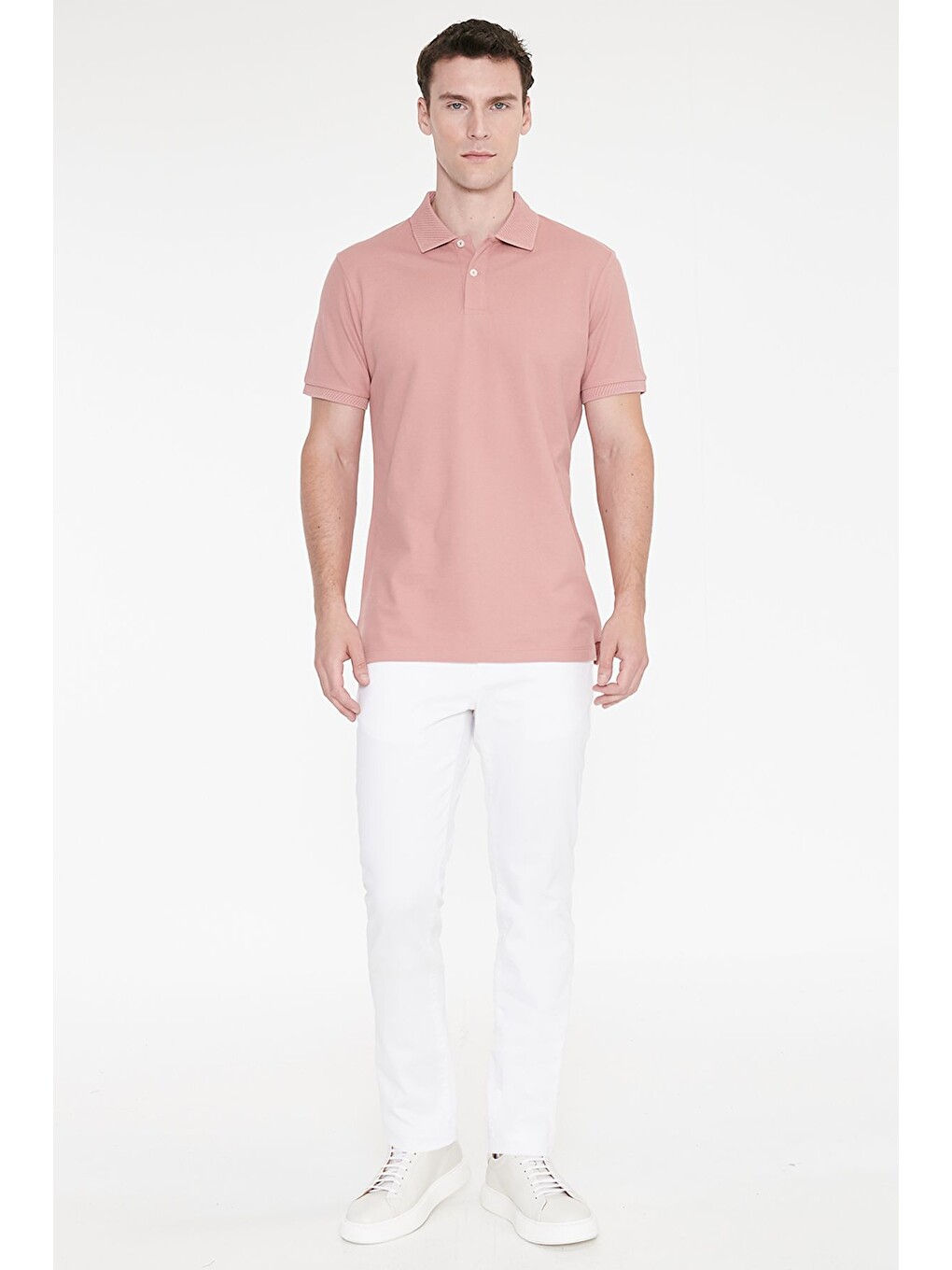 Pembe Erkek Gül Kurusu Slim Fit Dar Kesim %100 Pamuk Polo Yaka Kısa Kollu Tişört-1