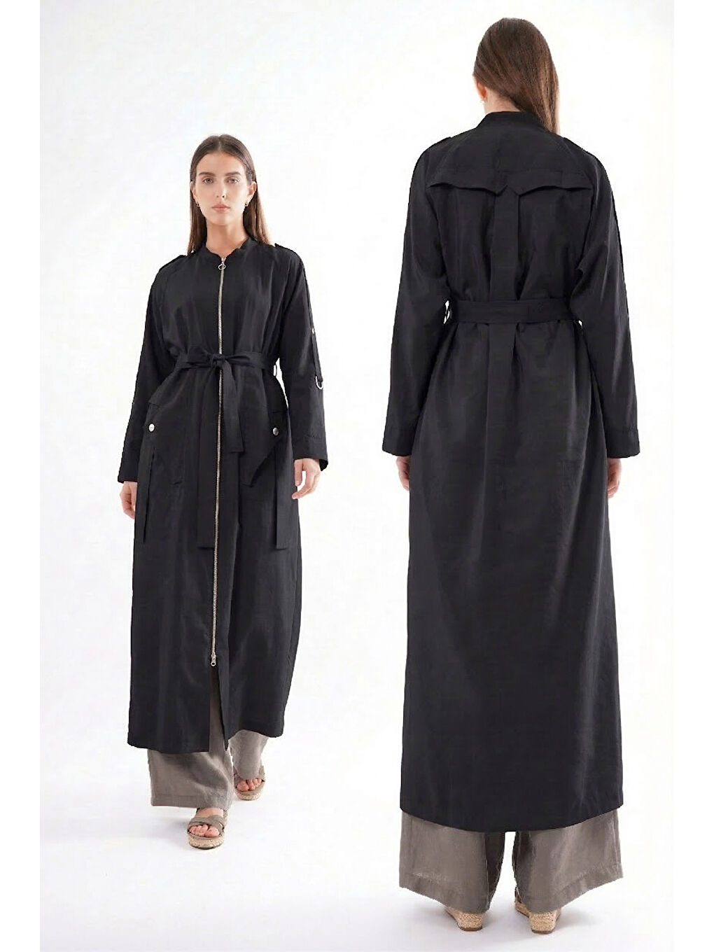 Kolu Çıtçıt Detay Önden Fermuarlı Safari Kap Ceket 820 Siyah-3