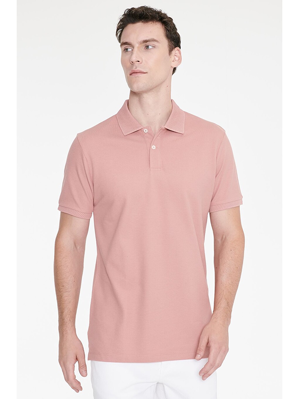 Pembe Erkek Gül Kurusu Slim Fit Dar Kesim %100 Pamuk Polo Yaka Kısa Kollu Tişört-2