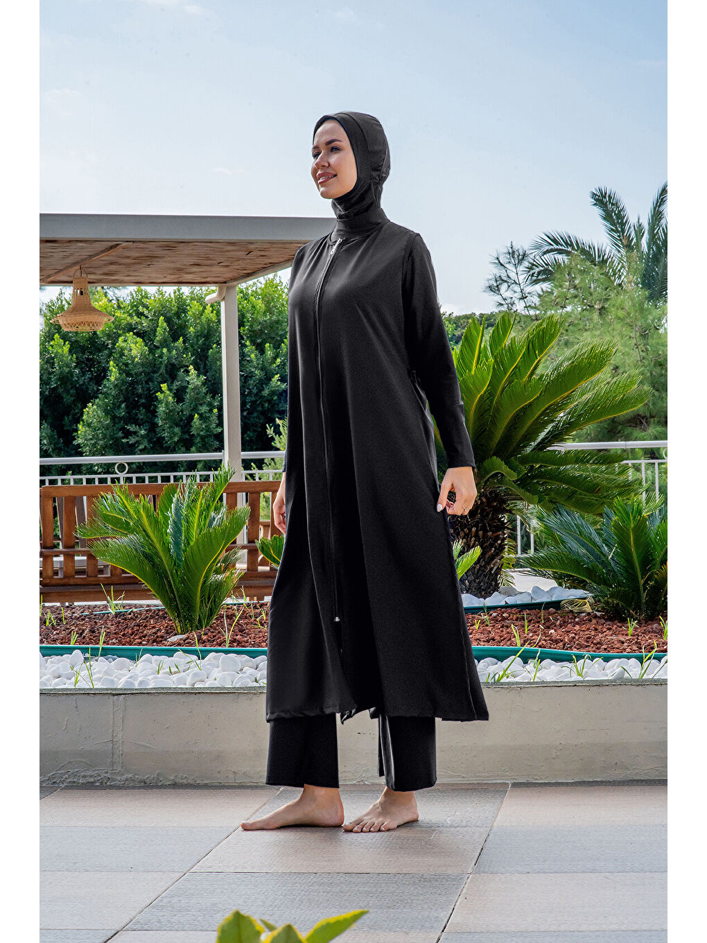 Kadın Siyah Hızlı Kuruyan Fermuarlı Uzun Kapalı Tesettür Mayo