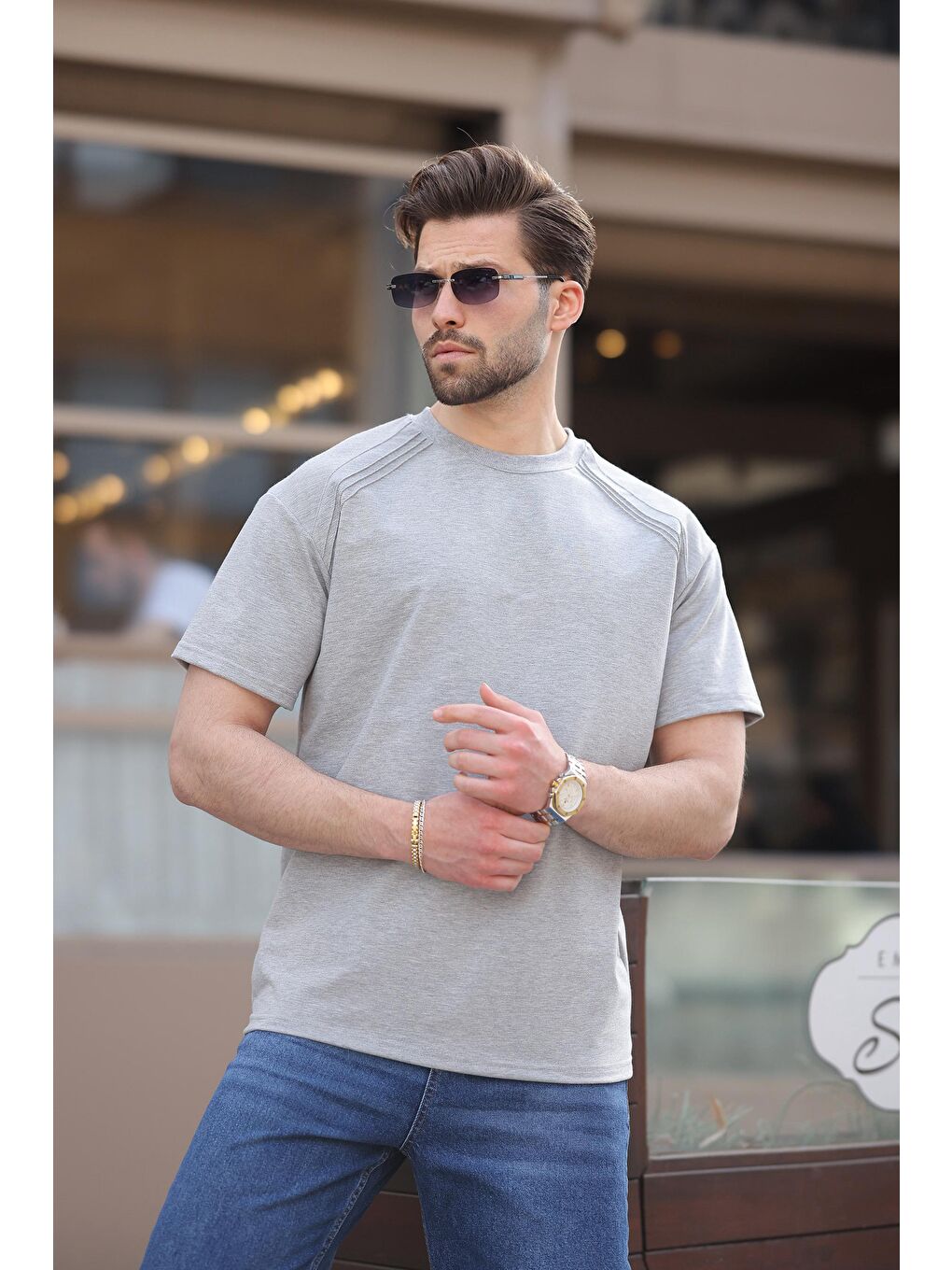 Gri Bisiklet Yaka Basic Erkek Tişört E7138-2