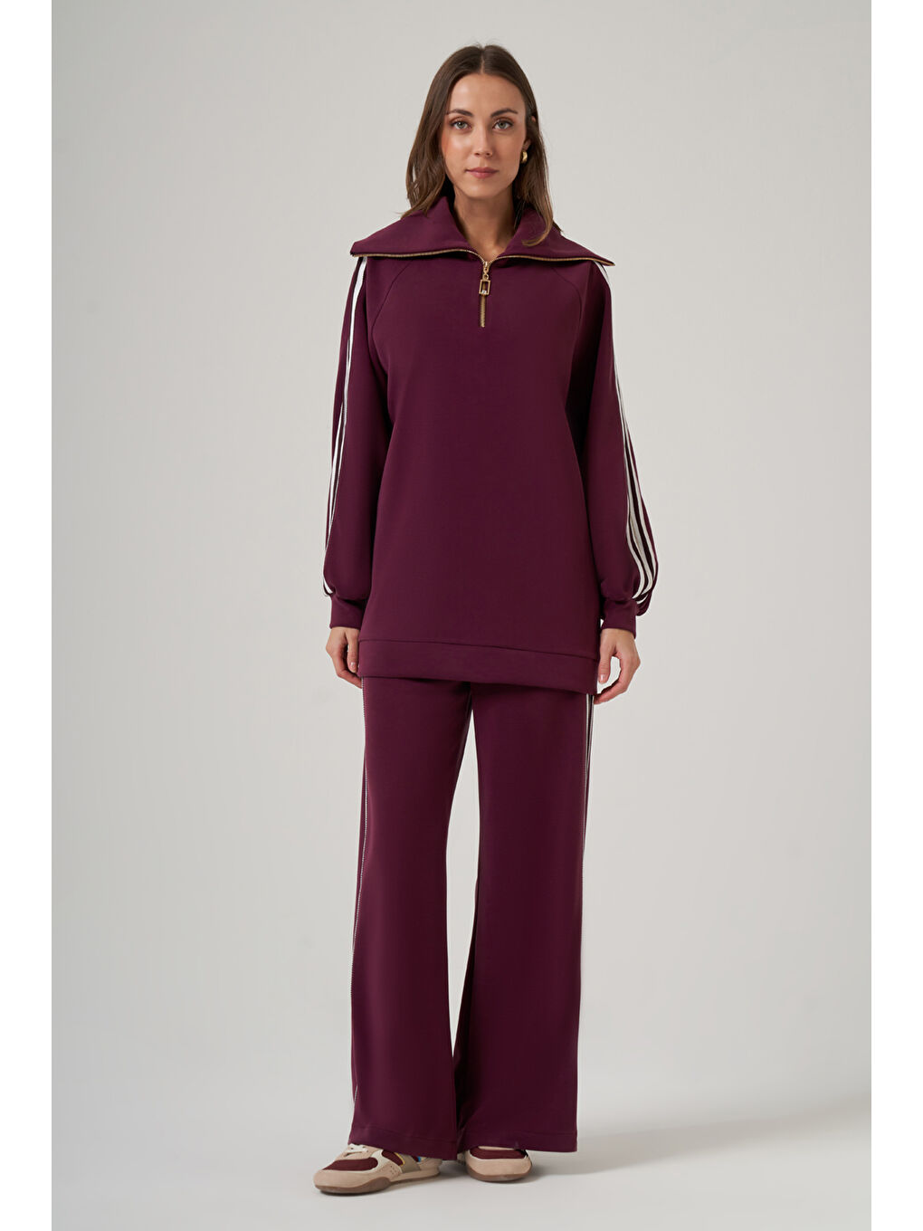 Şerit Detay Tunik Pantolon Takım 1093 Mürdüm-3