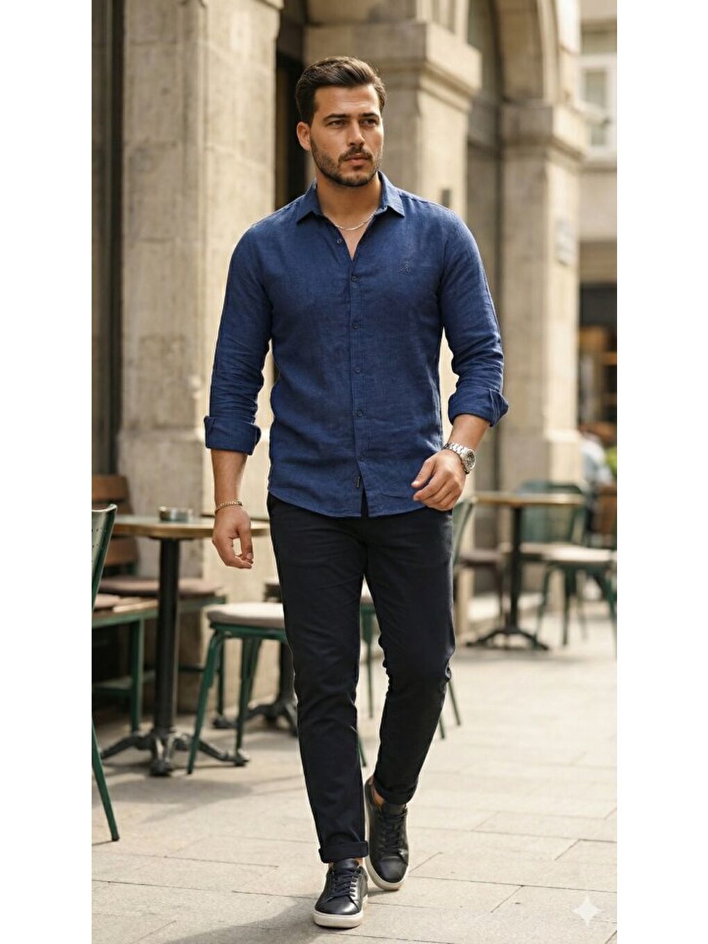 Lacivert Erkek Uzun Kollu Keten Gömlek-1
