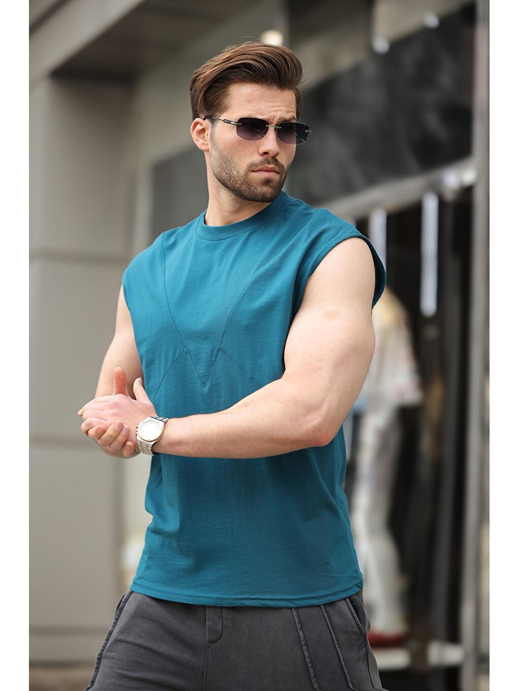 Petrol Mavisi Kolsuz %100 Pamuklu Basic Erkek T-Shirt E7137-1