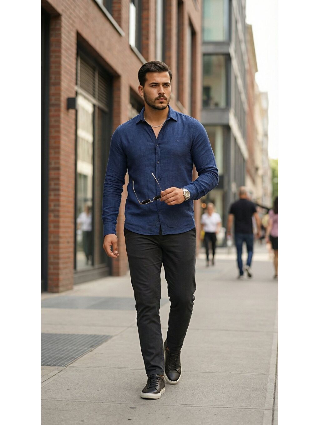 Lacivert Erkek Uzun Kollu Keten Gömlek-2