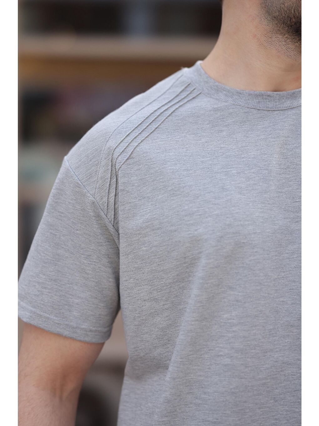 Gri Bisiklet Yaka Basic Erkek Tişört E7138-3