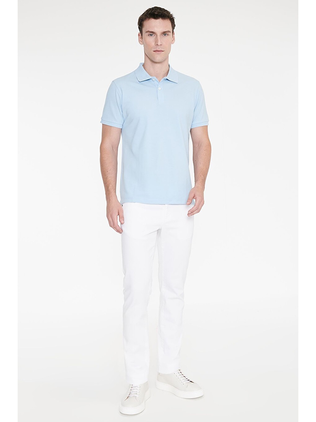 Erkek Açık Mavi Slim Fit Dar Kesim %100 Pamuk Polo Yaka Kısa Kollu Tişört-1