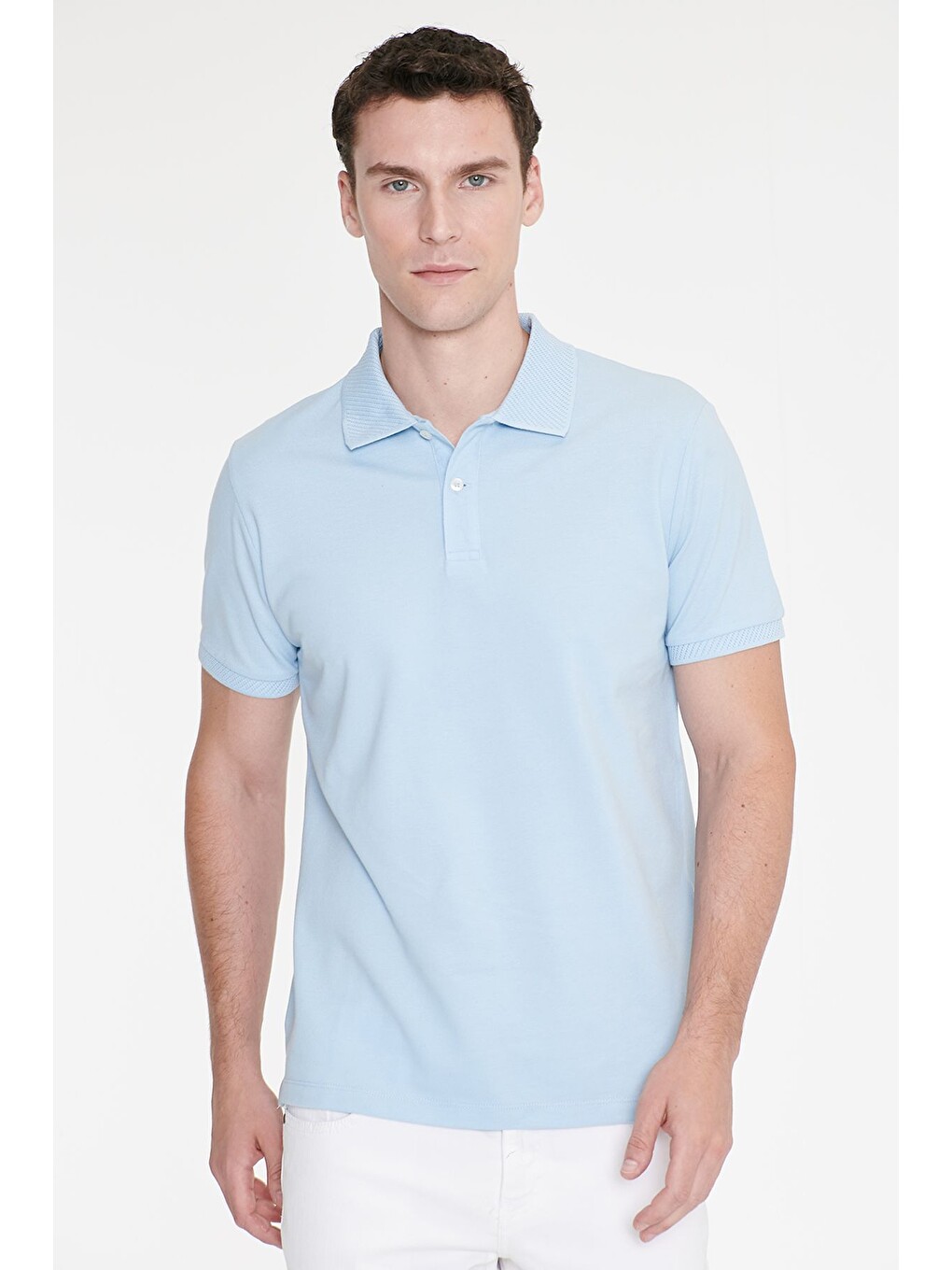 Erkek Açık Mavi Slim Fit Dar Kesim %100 Pamuk Polo Yaka Kısa Kollu Tişört-2