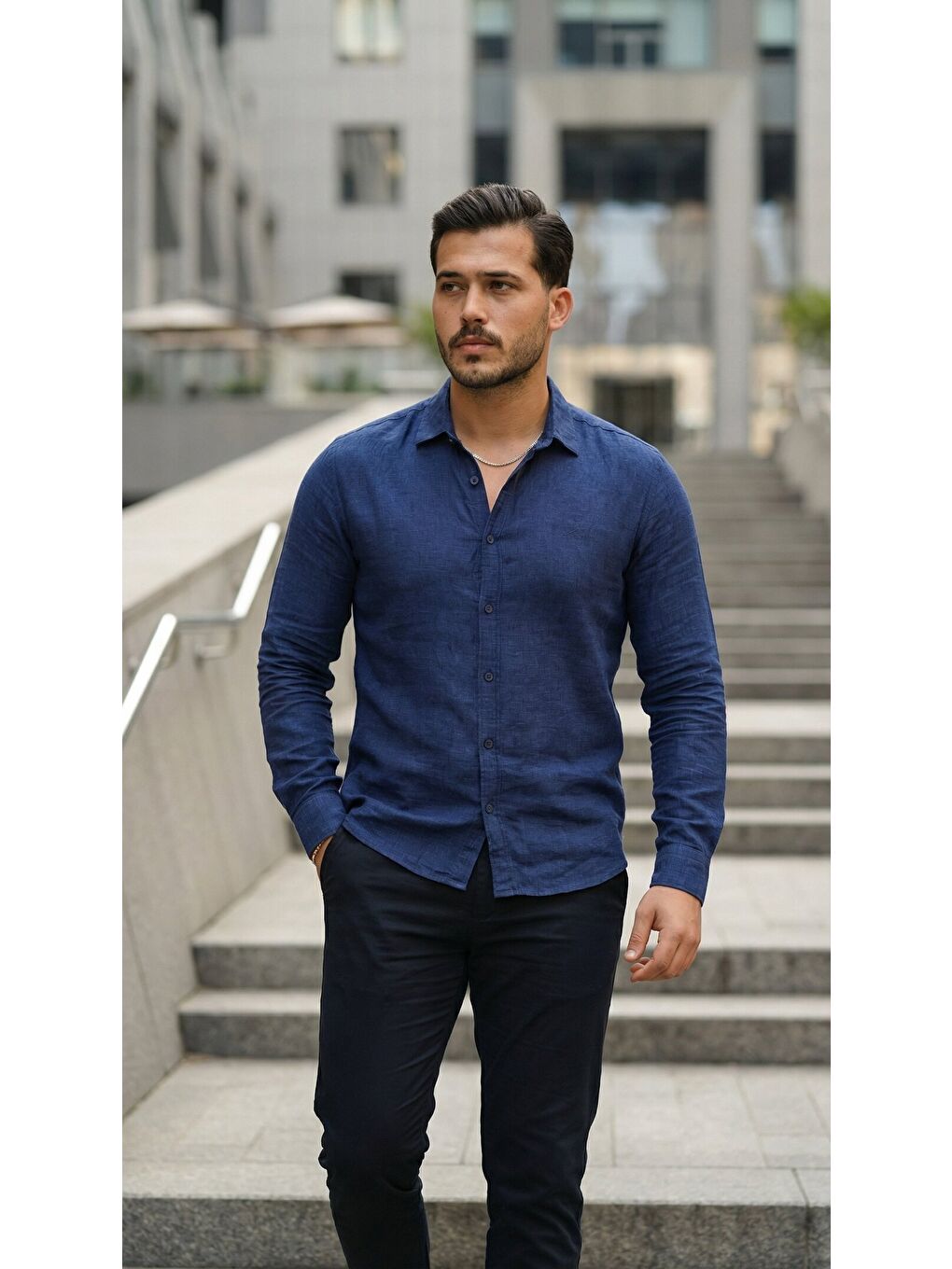 Lacivert Erkek Uzun Kollu Keten Gömlek-3