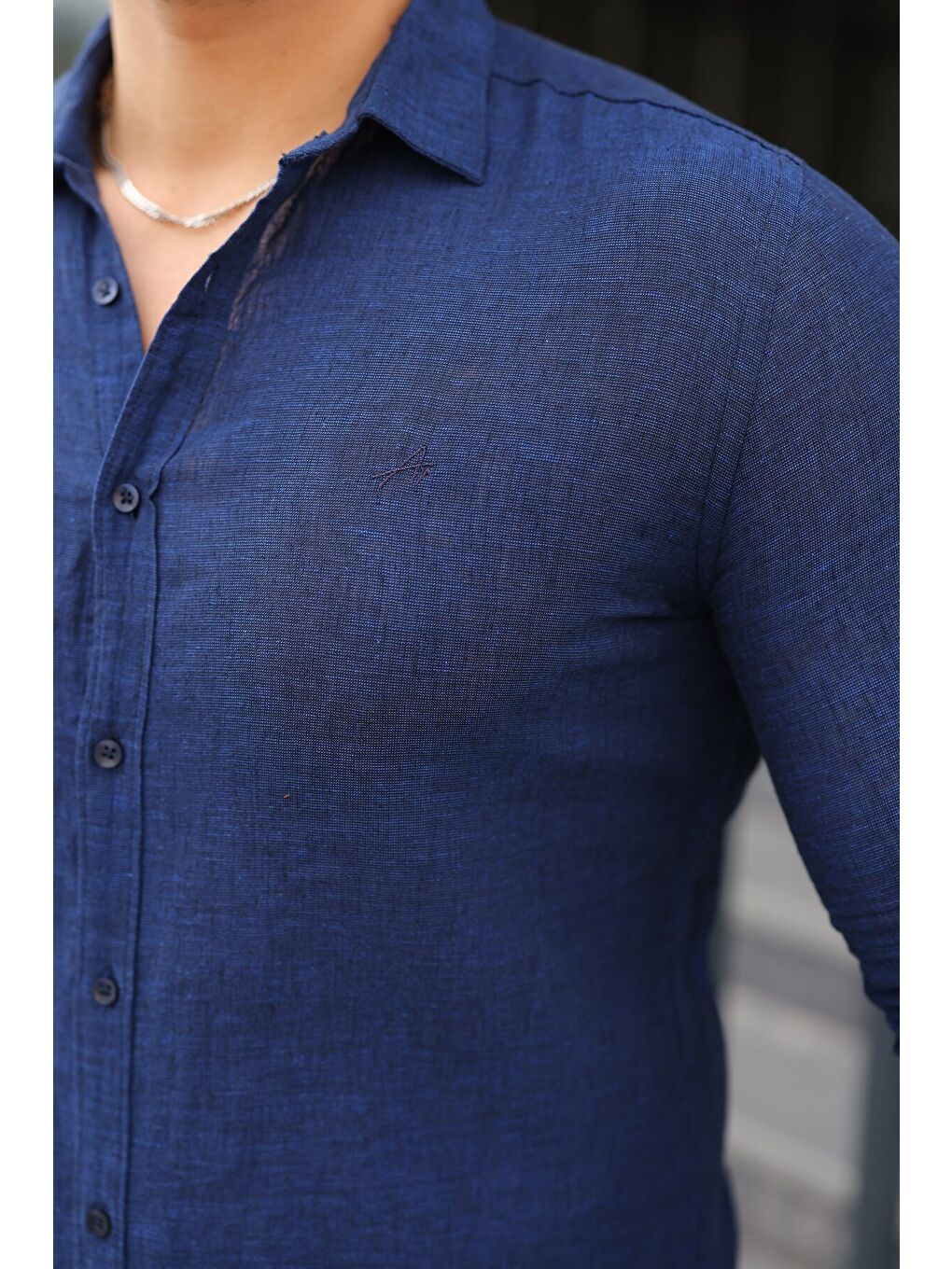Lacivert Erkek Uzun Kollu Keten Gömlek-4