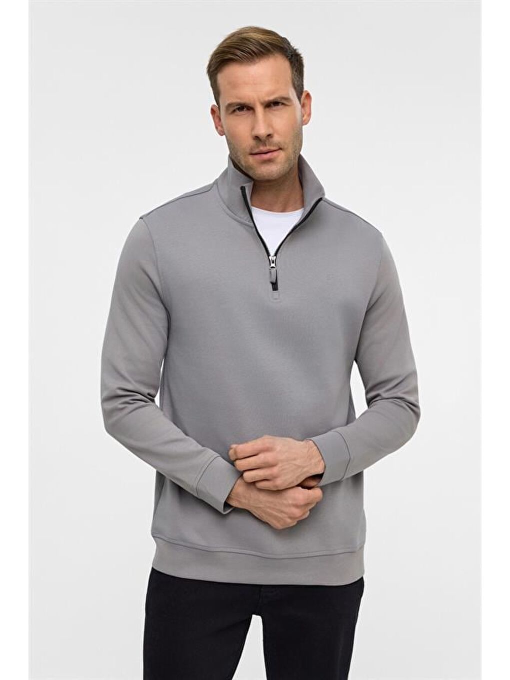 Gri Regular Düz Yarım Balıkçı Yaka Sweatshirt-1