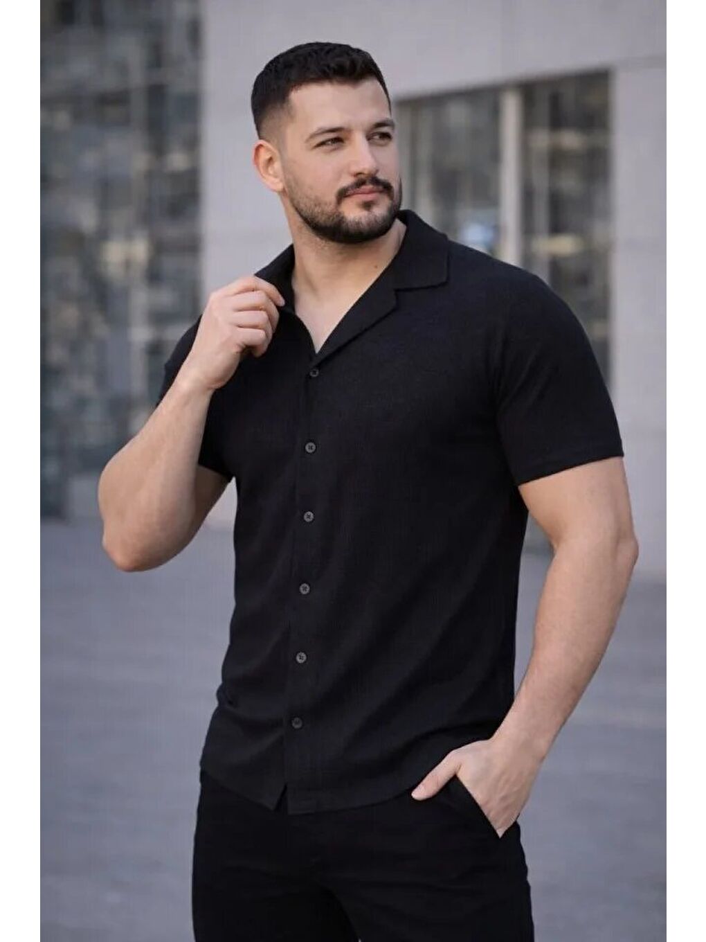 Erkek Waffle Kumaş Kısa Kollu Düğmeli Açık Yaka Regular Fit Gömlek - Siyah