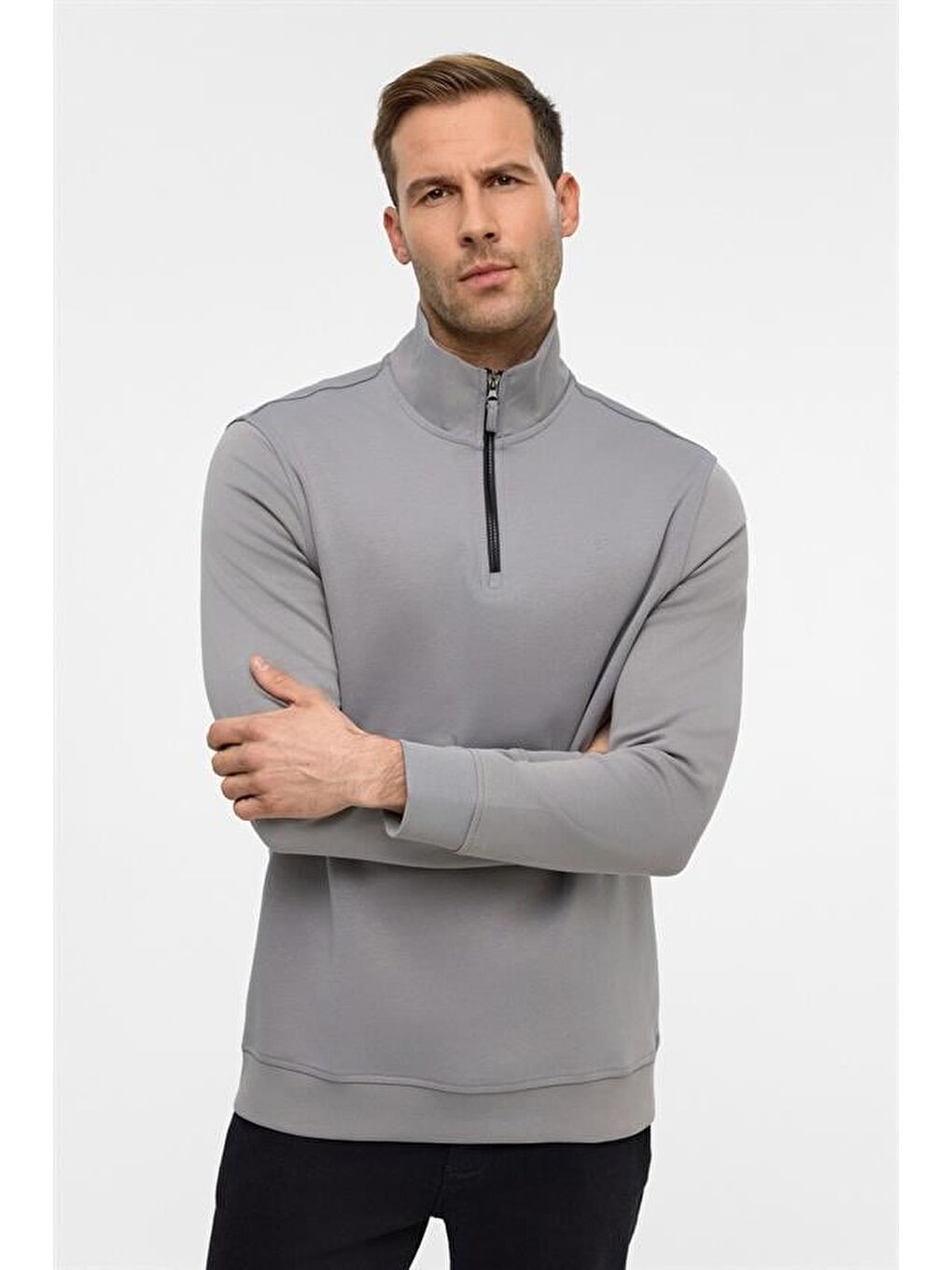 Gri Regular Düz Yarım Balıkçı Yaka Sweatshirt-2